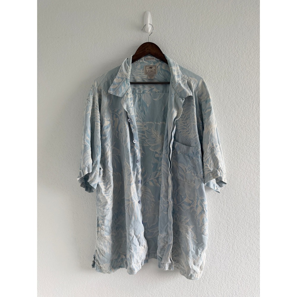Luau Tropical Hawaiian Shirt Size 2XL Light Blue 100% Silk Button Down